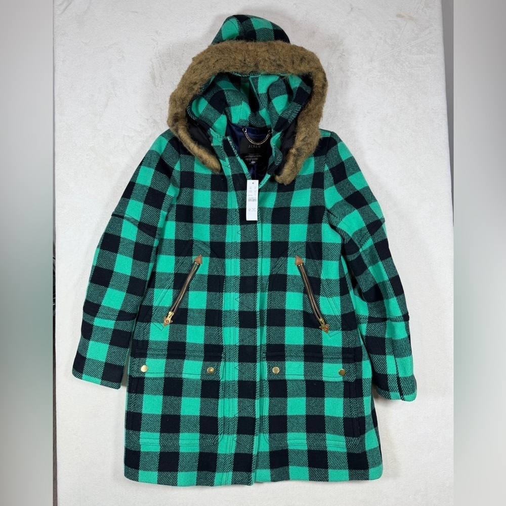 NWT J. Crew Size 2 Italian Stadium Cloth Nello Gori Green & Black Coat Faux Fur